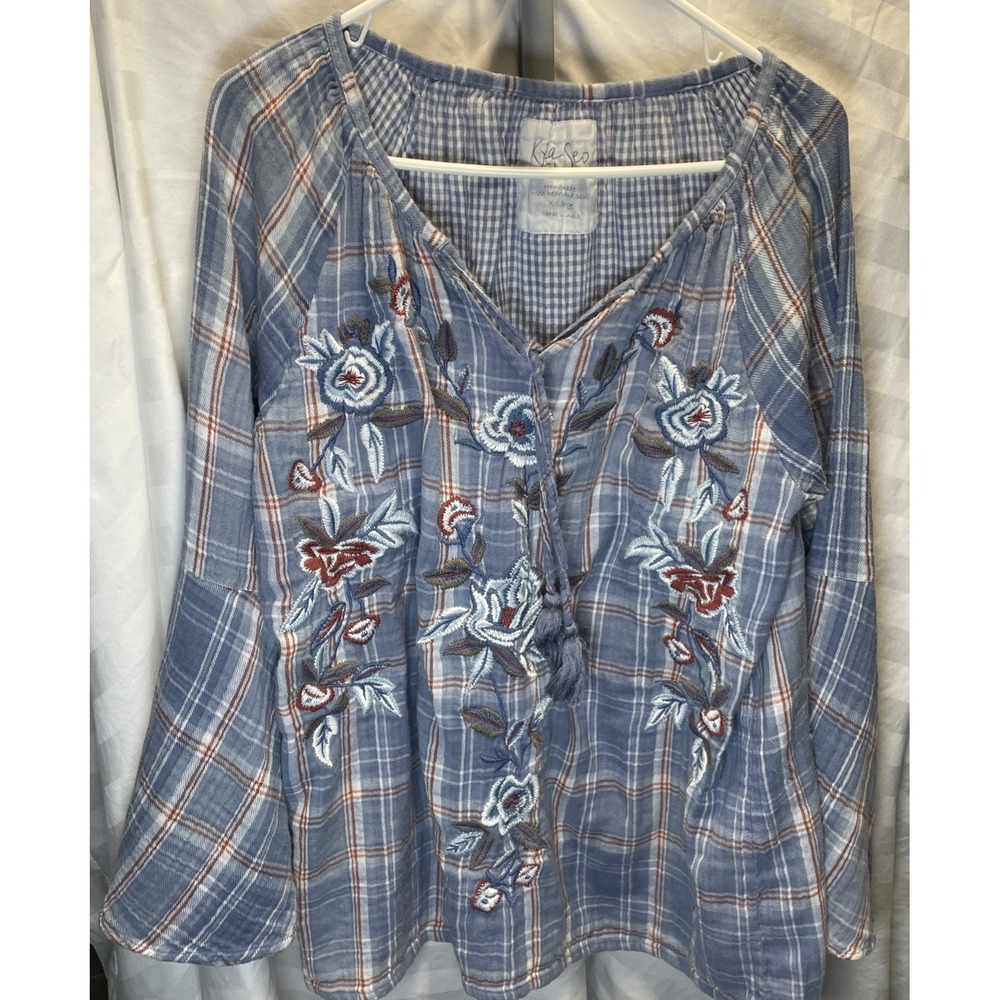 Kyla Seo Scout Tunic Shirt Women XL V Neck Embroidered Floral Plaid Bell Sleeves
